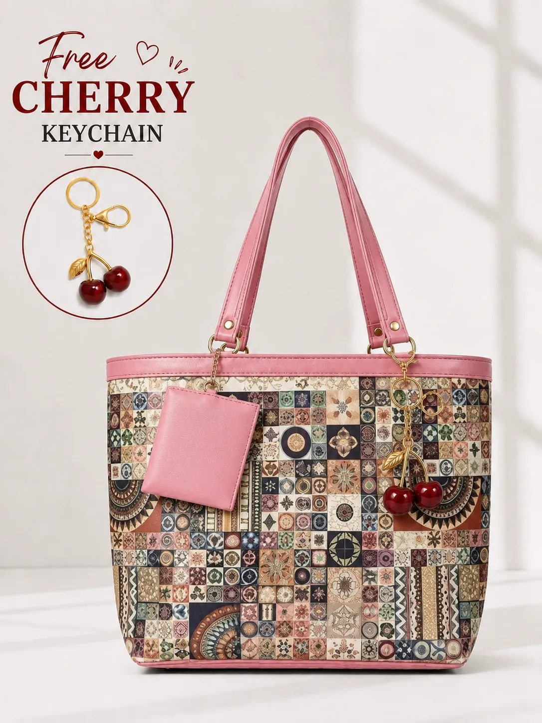 tote with cheery keychain