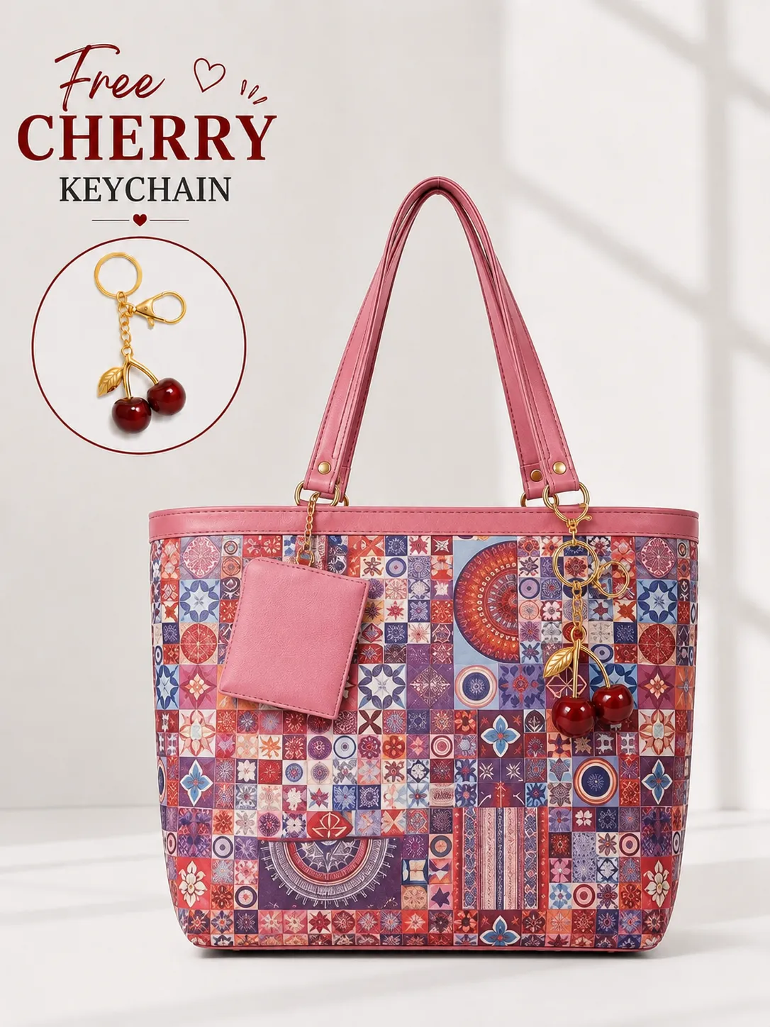 tote with cheery keychain