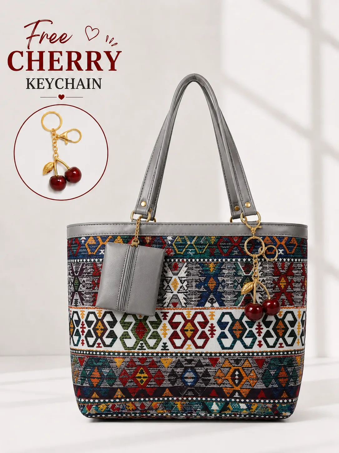 tote with cheery keychain